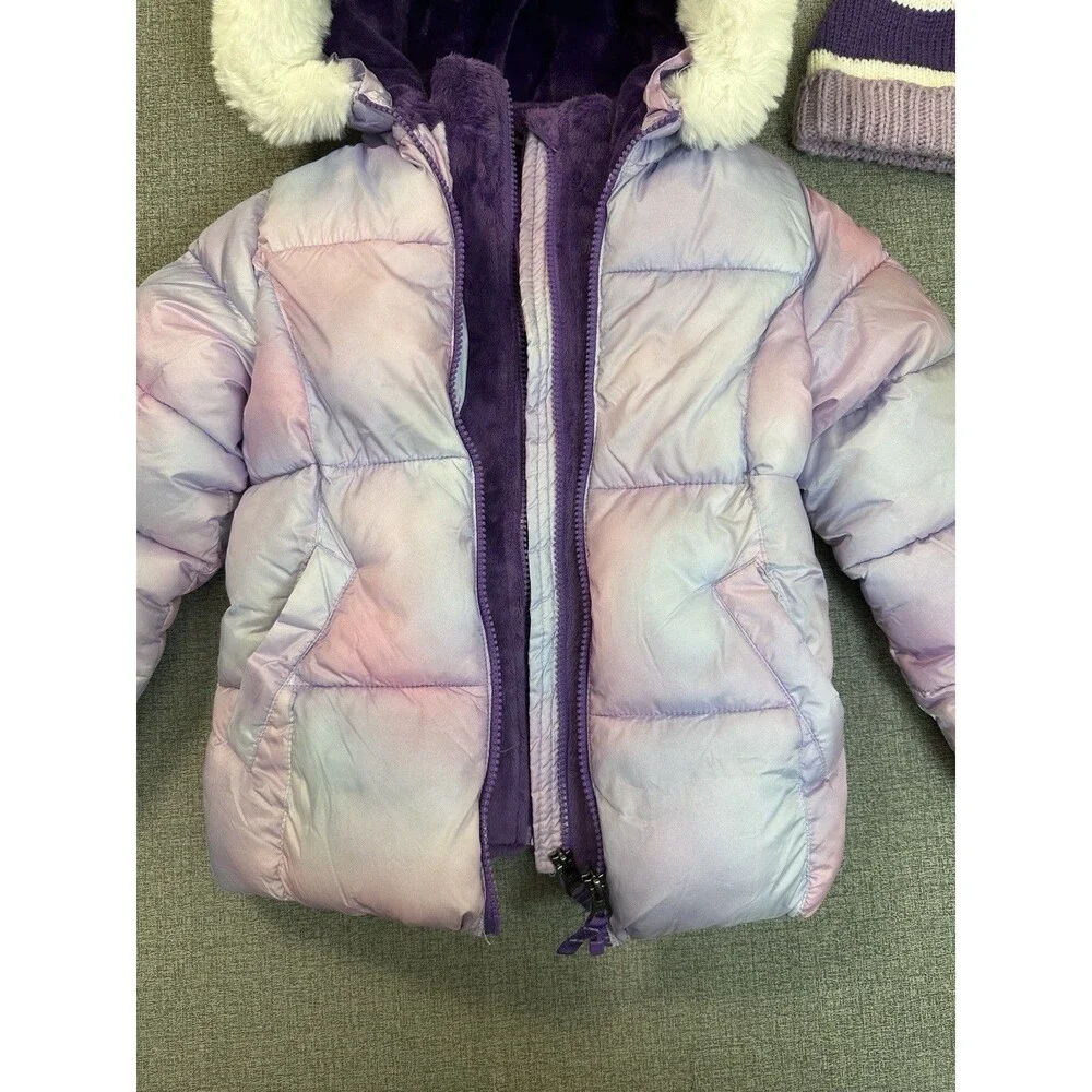 Snozu Girls Purple Pink Hooded Faux Fur Trim Quilted Puffer Snow Jacket Size 5T